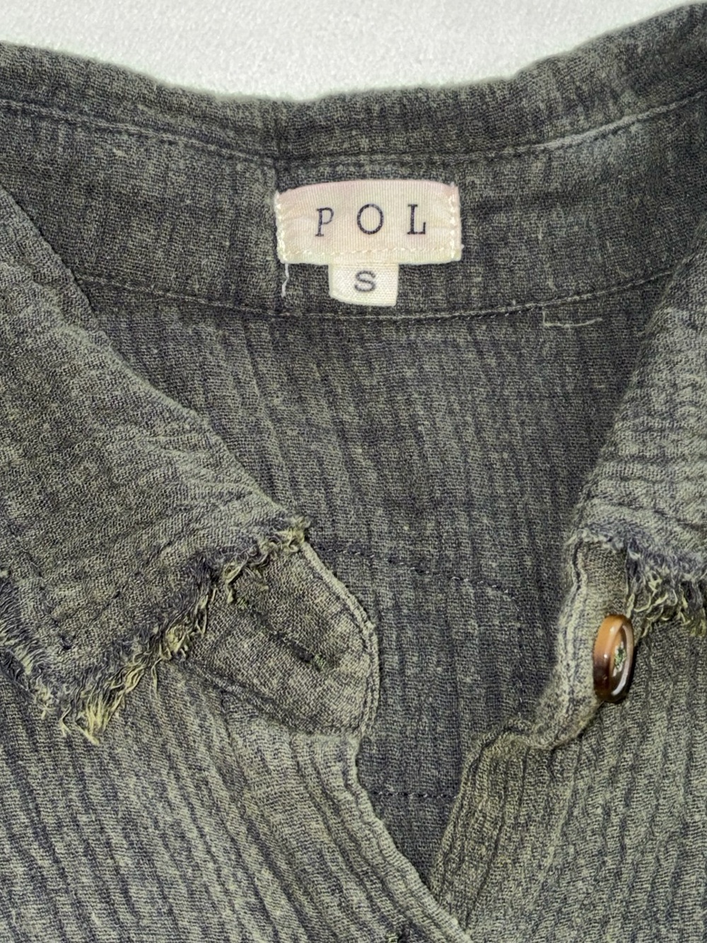 POL Olive Green Button-Up Shacket with Cream Crochet Sleeves - Sz S (039) - Picture 4 of 4